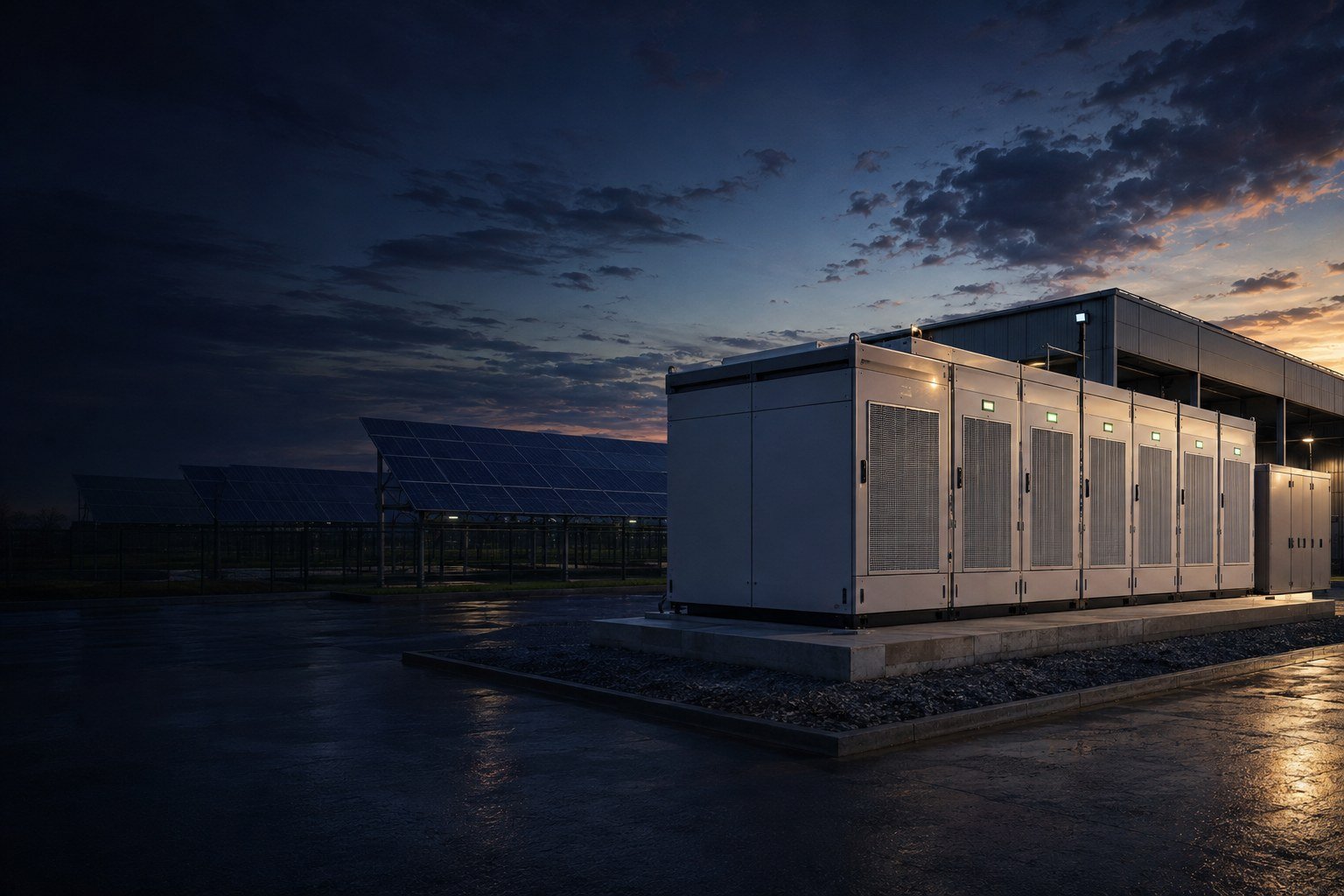 Commercial battery energy storage cabinets connected to a solar-powered facility