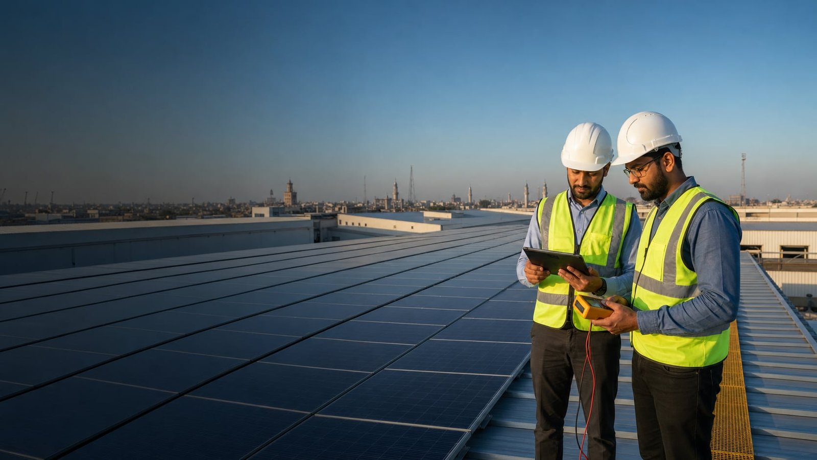 Two solar engineers inspect a large commercial rooftop photovoltaic array