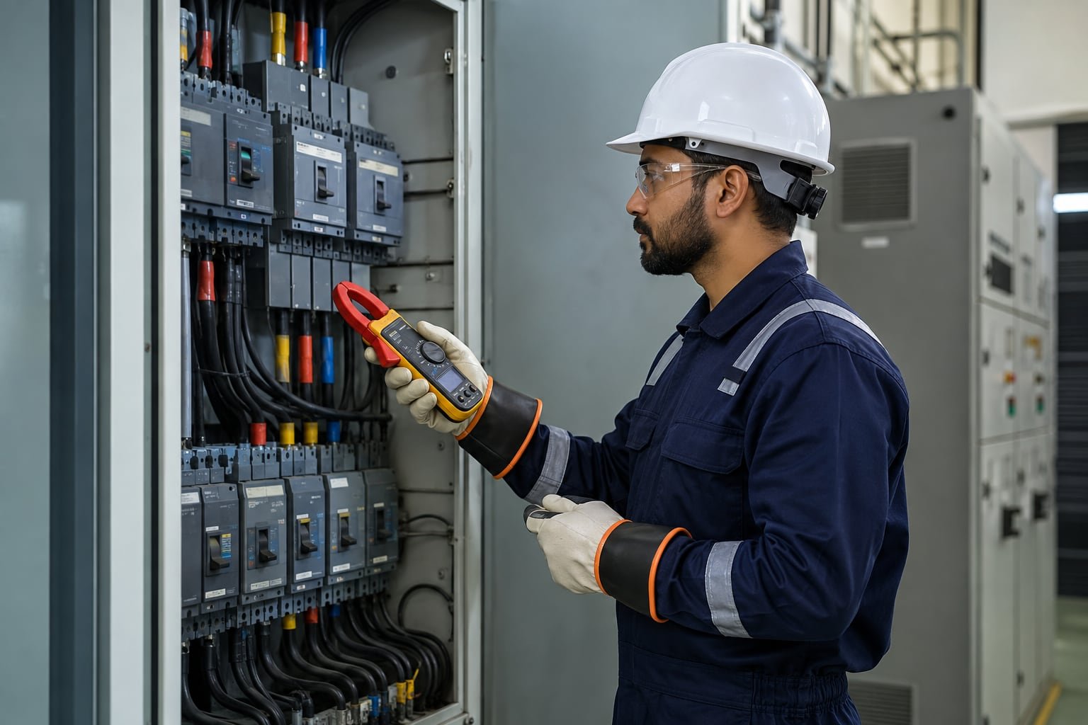 Electrical technician inspecting industrial circuit breakers with a professional clamp meter