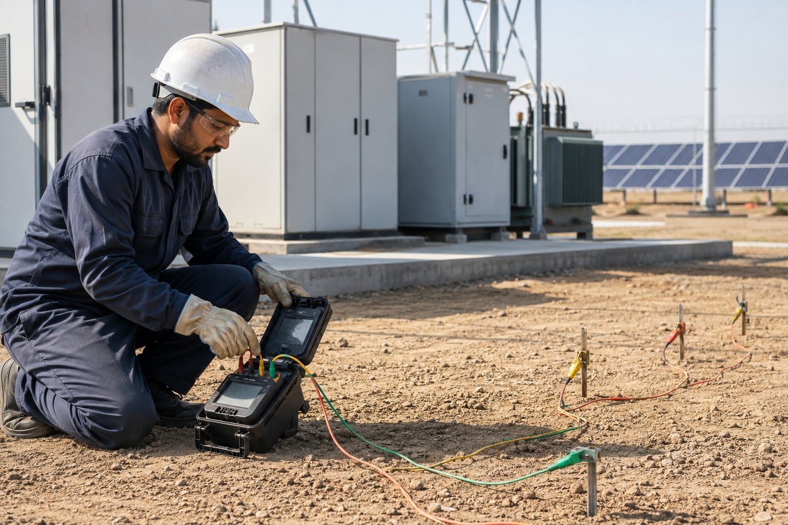 Electrical technician operating an earth resistance tester connected to auxiliary ground stakes
