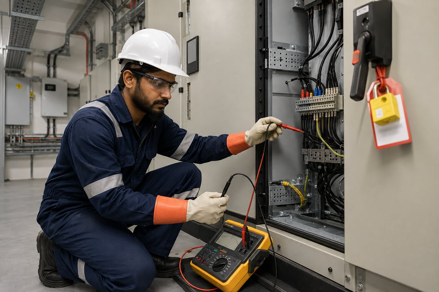 Electrical technician using an insulation resistance tester on a locked-out and isolated circuit