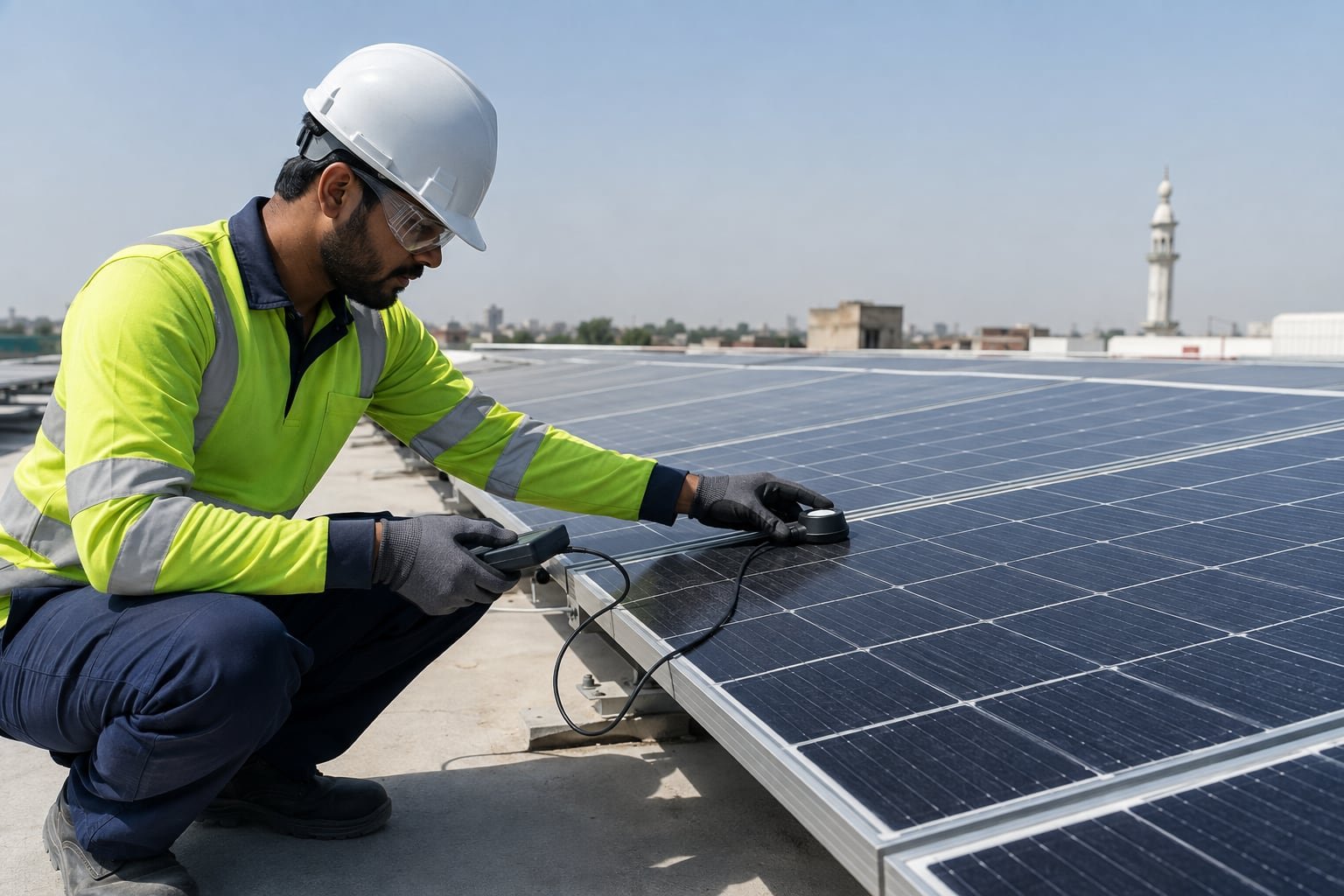 Solar technician positioning an irradiance sensor in the plane of a rooftop photovoltaic array