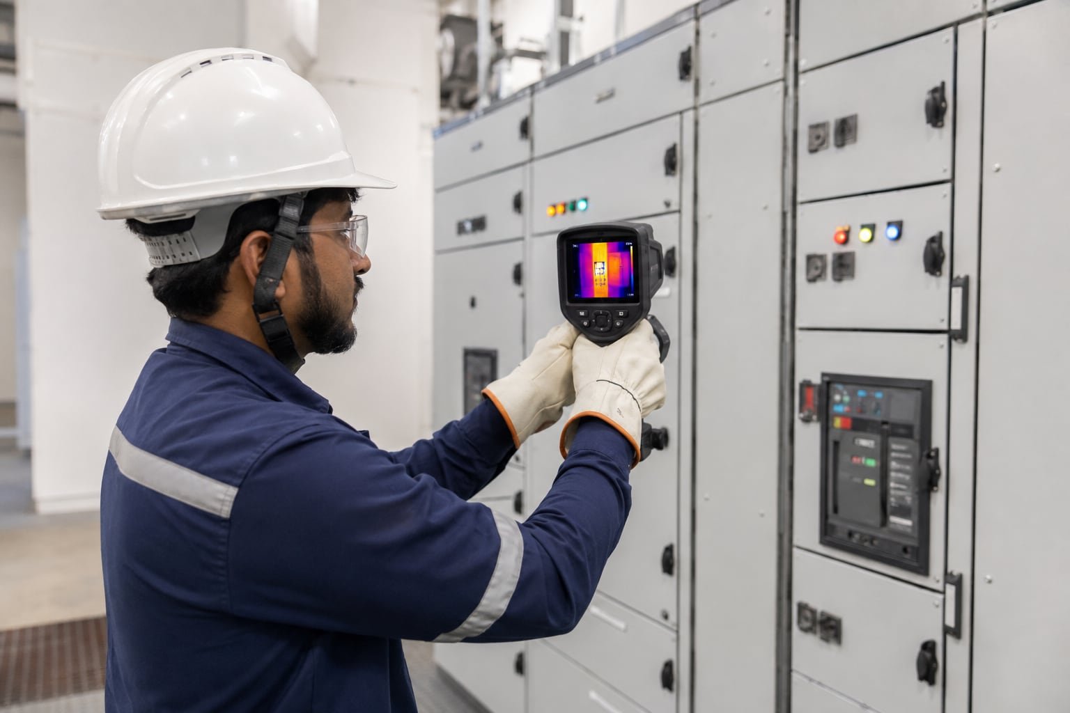 Electrical technician using a thermal camera to inspect an industrial distribution panel